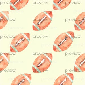 May include: Watercolor pattern of orange footballs with white laces and stripes on a light yellow background. The footballs are evenly spaced and repeat across the image, creating a seamless design.