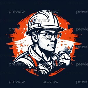 Puede incluir: Ilustración de un trabajador de la construcción con casco blanco y gafas, sosteniendo un walkie-talkie. La imagen tiene una combinación de colores naranja y blanco con un fondo azul oscuro.