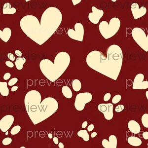 Whimsical Hearts and Paw Prints Pattern on Dark Red Background - Digital Art for Love and Pet Themes - Instant Download Printable