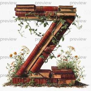 May include: An artistic illustration of the letter "Z" formed by stacks of vintage books. The books are bound in red and brown leather, with green vines and colorful flowers adding a natural touch. The word "preview" is repeated around the image.