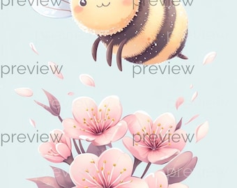 Fröhliche Biene und rosa Blumen Illustration - Wunderliche digitale Kunst für druckbare Dekorationen und Sofort-Downloads