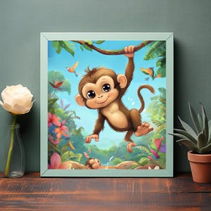 Puede incluir: Una impresión enmarcada que presenta un mono de dibujos animados colgado de una rama. El mono es marrón con ojos grandes y una expresión amigable. El fondo incluye un cielo azul, exuberante follaje verde, flores coloridas y pequeños pájaros.