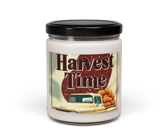 May include: A white candle jar with a black lid features a label with the words "Harvest Time." The label depicts a vintage yellow truck filled with pumpkins. The background has a retro design with a brown and beige color scheme.