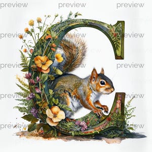 May include: A watercolor illustration of the letter "G" adorned with flowers and foliage, with a squirrel perched inside. The letter is a dark green with a floral design, and the squirrel has brown and orange fur.