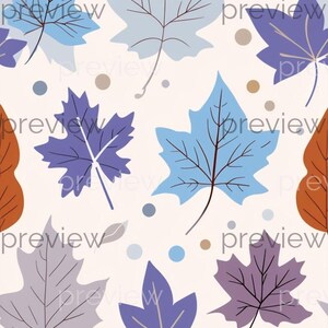 May include: A seamless pattern featuring stylized leaves in shades of blue, purple, and brown on a cream background. The leaves have detailed veins and are scattered across the surface, with small dots.