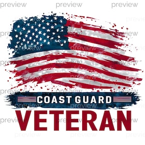Puede incluir: Un diseño patriótico con una bandera estadounidense desgastada en rojo, blanco y azul. Las palabras "COAST GUARD VETERAN" se muestran en negrita debajo, ideal para ropa y accesorios.