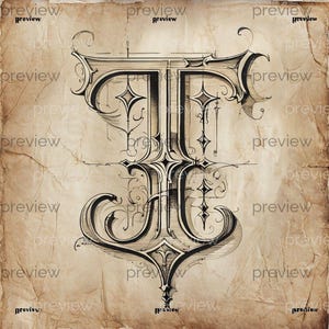 May include: An ornate, black and white letter "T" illustration on a vintage, textured paper background. The letter features intricate details, including decorative flourishes, diamond-shaped accents, and hanging lines, creating a classic, artistic design.