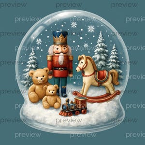 May include: A whimsical snow globe featuring a nutcracker soldier, teddy bears, a rocking horse, and a toy train. The scene is set against a backdrop of snowy pine trees and falling snowflakes, all within a glass globe.