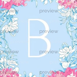 May include: A light blue background with a white letter "B" in the center, surrounded by pink and white floral illustrations. The word "preview" is repeated around the edges.