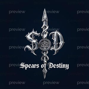 Puede incluir: Un diseño gráfico en tonos plateados que presenta un motivo de lanza central entrelazado con un nudo celta circular. Las letras S y D flanquean la lanza, y el texto "Spears of Destiny" aparece en una fuente de estilo gótico bajo el emblema.