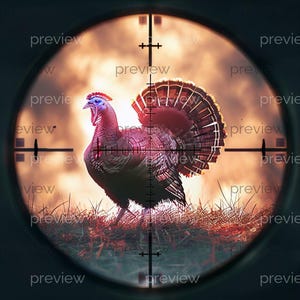May include: A wild turkey in a crosshair scope, set against a blurred, warm-toned background. The turkey is in focus, with vibrant red, blue, and brown plumage. The image evokes a hunting theme.