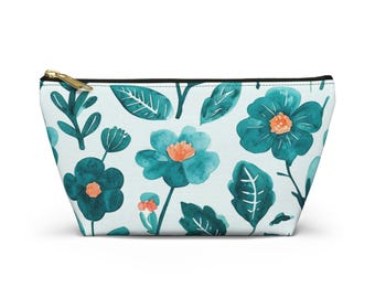 Teal Floral Pattern Accessory Pouch | T-Bottom Zipper Pouch