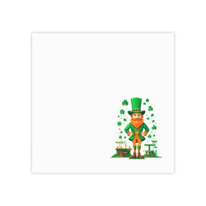 May include: A cartoon leprechaun wearing a green top hat, green coat, and orange beard stands with hands on hips. The character is surrounded by floating green shamrock icons and stands near small wooden furniture pieces on a white background.