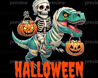 May include: A Halloween-themed illustration features a skeleton riding a mummy-wrapped dinosaur, each holding a jack-o'-lantern filled with candy. The word "HALLOWEEN" is written in orange at the bottom against a black background.