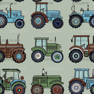 Patrón de tractor de dibujos animados: arte digital colorido para telas, papel tapiz y decoración divertida - Descarga instantánea