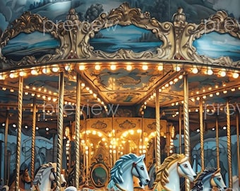 Whimsical Carousel of Dreams - Printable Digital Art Featuring Ornate White Horses and a Vibrant Colorful Design