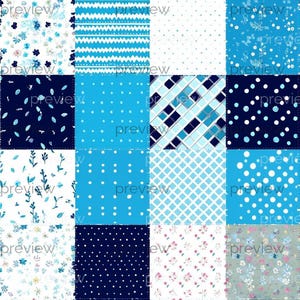 May include: A patchwork design featuring sixteen squares with various blue and white patterns. Designs include floral, polka dots, geometric shapes, and abstract motifs. The color palette is primarily shades of blue and white.
