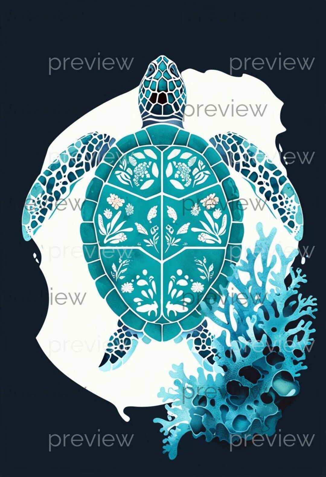 Turtle Colored In Vibrant Turquoise Turtle With Floral Patterns and Coral in Bold Colors ...
