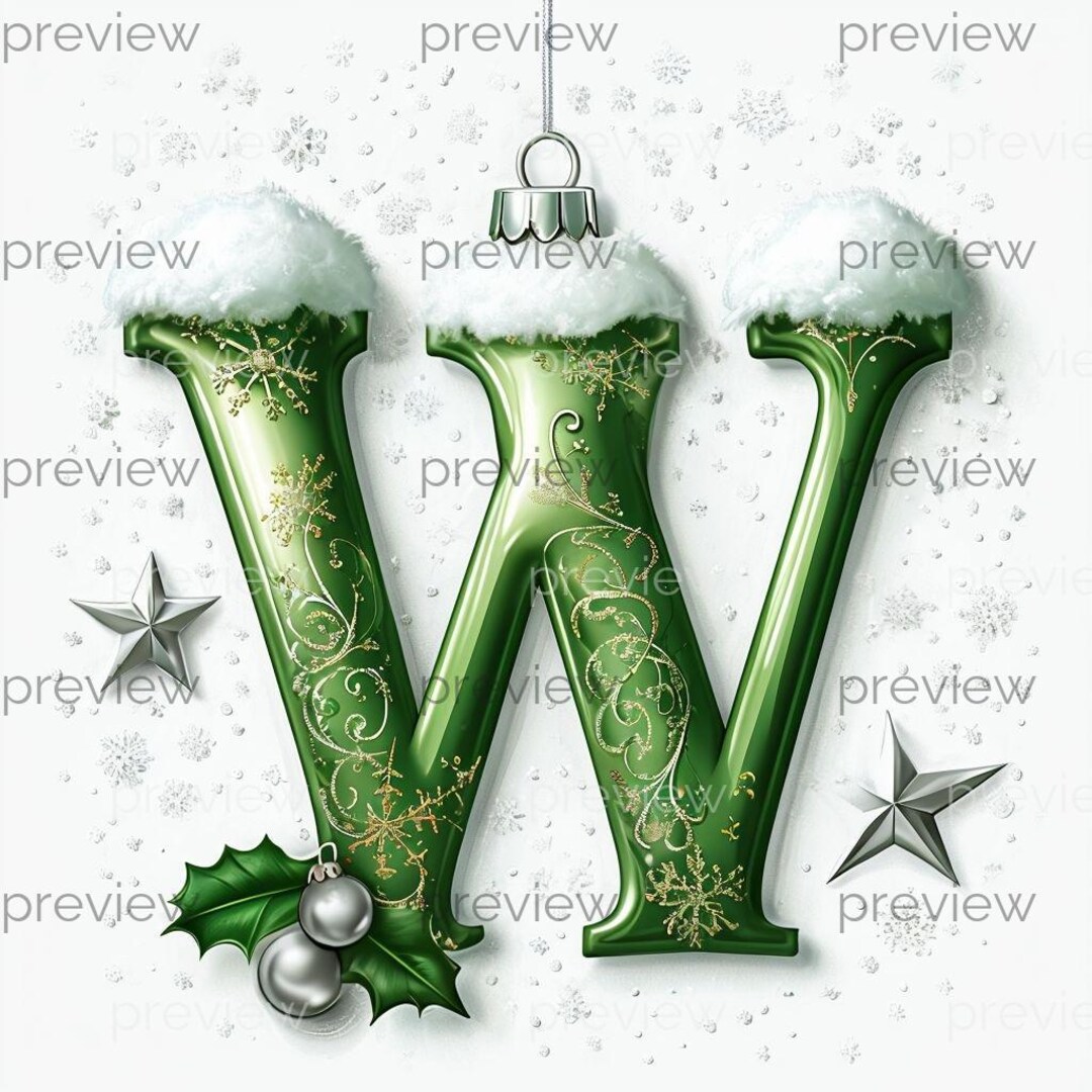 W Festive Stylized Letter W With Snow Caps and Ornaments for