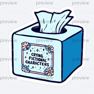 Puede incluir: Una pegatina azul claro con una caja de pañuelos con pañuelos que sobresalen. La caja tiene un marco rosa y azul con flores y el texto "CRYING FICTIONAL CHARACTERS".