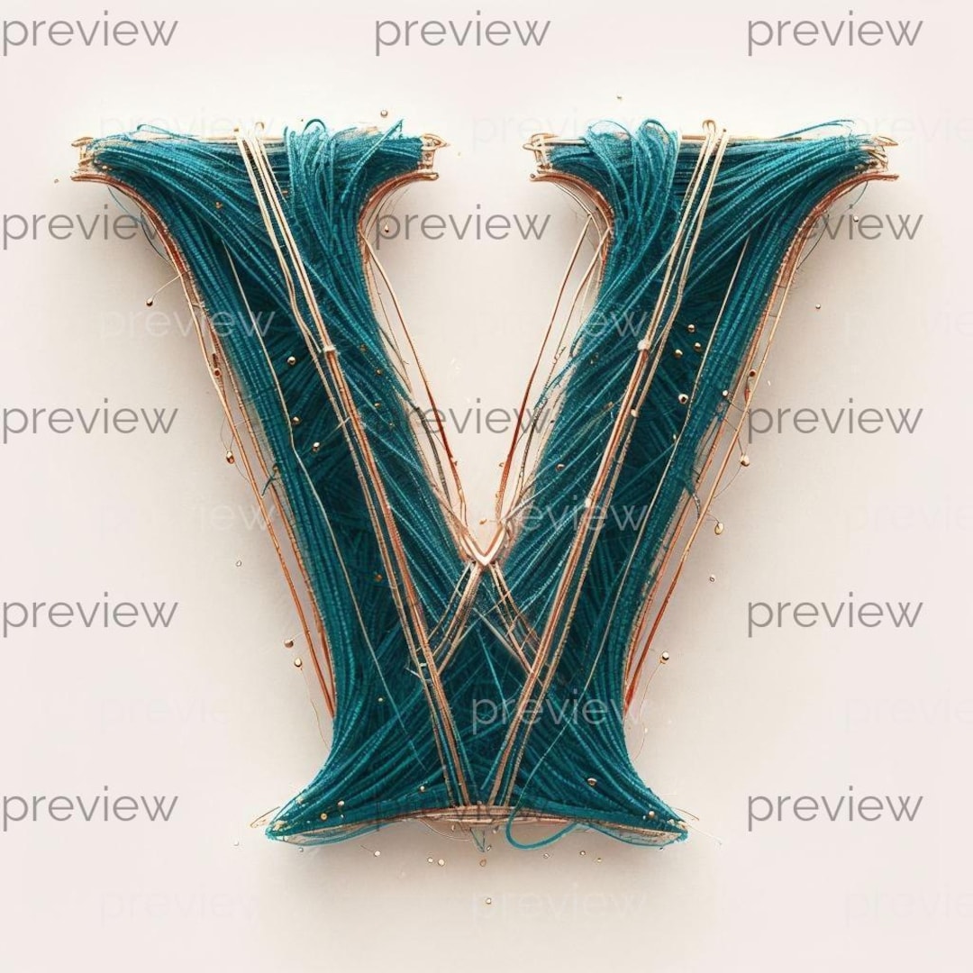 Gold Thread Letters Elegant Teal and Gold Thread Letter V - Modern Art Digital Image for ...