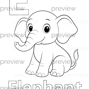 子供向けの楽しい象のぬり絵ページ。文字「E」と単語「Elephant」付き。シームレスなパターンと印刷可能な紙に最適。