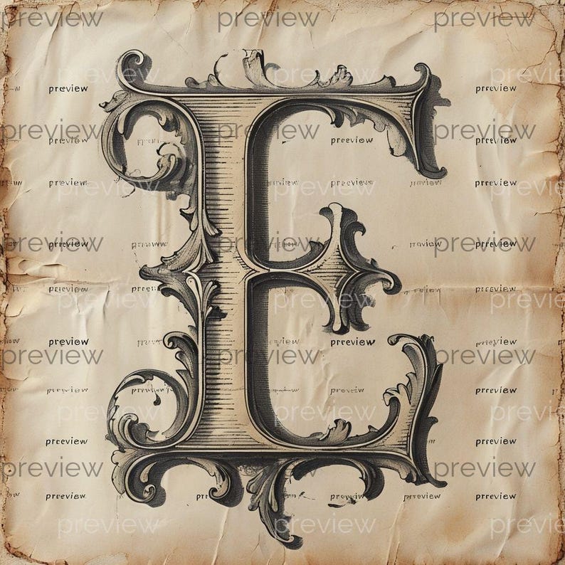 Ornate Vintage Letter E Design on Aged Paper - Digital Art for Instant ...