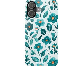 Türkis Blumenmuster Schlanke Handyhülle | Aquarell Blumen, botanisches Design