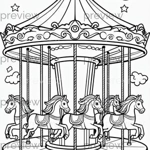 Whimsical Carousel with Horses Printable Digital Art for Kids - Enchanting Black and White Line Drawing