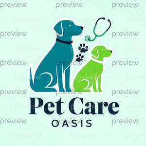 May include: A teal and green logo for a pet care business. The logo features two stylized dogs, a stethoscope, and paw prints. The text "Pet Care Oasis" is displayed in a dark blue font.