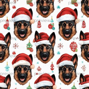 May include: A repeating pattern featuring German Shepherd dogs wearing Santa hats. The dogs have brown and black fur and are smiling. Christmas ornaments and snowflakes are scattered across the white background.