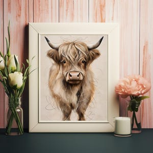 Expressive Highland Cow Portrait - Realistic Digital Art for Wall Decor, Printable Instant Download