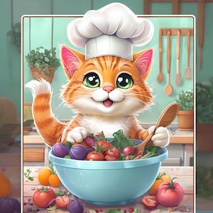 Niedliche Koch Katze mit Rührschüssel und buntem Gemüse - Lustiger Küchen Clipart zum Sublimation Download