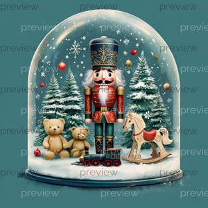May include: A snow globe featuring a nutcracker soldier in a red and gold uniform, a train, a rocking horse, and two teddy bears. The scene includes miniature Christmas trees and ornaments, all set against a snowy backdrop.