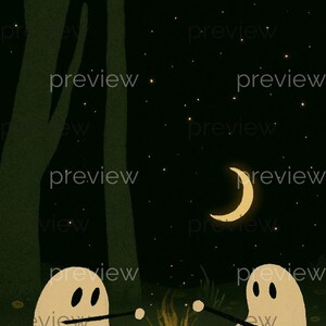 Whimsical Ghosts by the Campfire A Charming Nighttime Adventure with Marshmallows in a Starry Sky