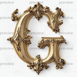 Puede incluir: Ornamentada letra "G" dorada con intrincados arabescos y adornos decorativos. La letra mayúscula es un elemento decorativo, posiblemente para arte mural o un monograma. El diseño presenta una estética vintage y antigua.