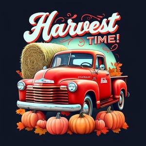Vintage rode pick-up met tekst voor oogsttijd, omringd door herfstbladeren en pompoenen - feestelijk clipartontwerp