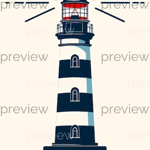May include: A nautical-themed illustration of a lighthouse. The lighthouse is white with dark blue horizontal stripes and a red lantern room. The image includes stylized waves at the base and radiating light beams.