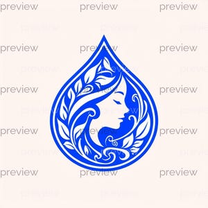 Pode incluir: Um design gráfico azul e branco com o perfil de uma mulher dentro de uma forma de gota. A silhueta da mulher é rodeada por folhas e elementos florais estilizados, criando um design decorativo e elegante.