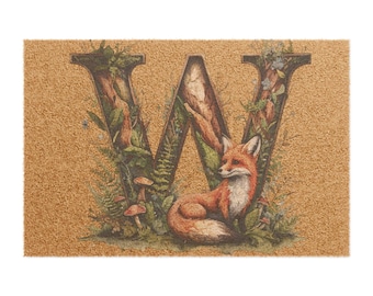 W Rustic Fox Doormat - Personalized Home Decor, Welcome Mat, Nature Lover Gift, Fox Lover Gift, Outdoor Entryway Rug