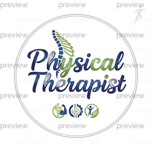 Pode incluir: Logotipo circular para um fisioterapeuta, com as palavras "Physical Therapist" em escrita azul e verde. O logotipo inclui um gráfico de coluna vertebral e ícones que representam saúde e bem-estar, tudo dentro de um contorno cinza duplo.