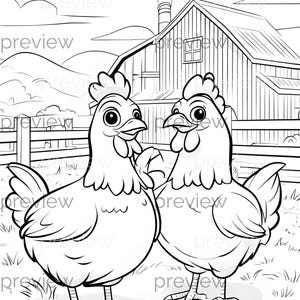 Fröhliche Cartoon Hühner in einer Farm-Einstellung für digitales Papier, Geschenkverpackung und printable Projekte