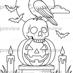 May include: Black and white Halloween-themed illustration featuring a crow perched atop a skull, which rests on a carved pumpkin. Bats fly in the background, with candles and grass in the foreground. A full moon is in the background.