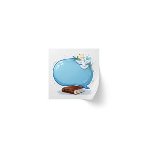 May include: A square sticker featuring a large, glossy light blue speech bubble floating above a closed brown book. A white dove with outstretched wings, a small gold cross, and a light blue heart are positioned at the top right of the bubble.