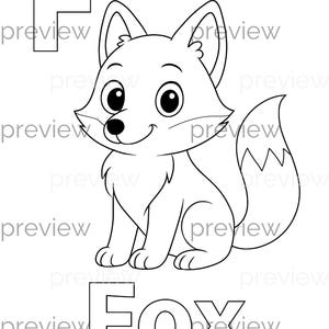 May include: Black and white line art illustration of a fox sitting down with the letter F and the word FOX. This is a coloring page for children.