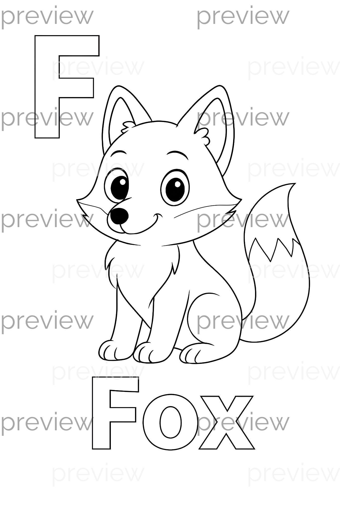 Lustige Fuchs Malseite mit Buchstabe F und Wort Fuchs - Perfekt für das Erlernen des Alphabets und kreative Aktivitäten