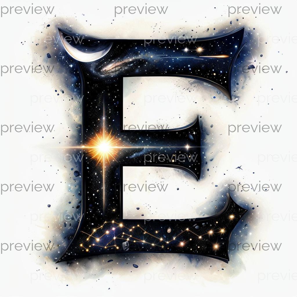 E Cosmic E Art - Celestial Starry Letter With Moon and Starburst ...