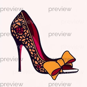 May include: Illustration of a high-heeled shoe. The shoe has a burgundy stiletto heel, a red and burgundy upper with an orange floral pattern, and a yellow bow. The background is white.