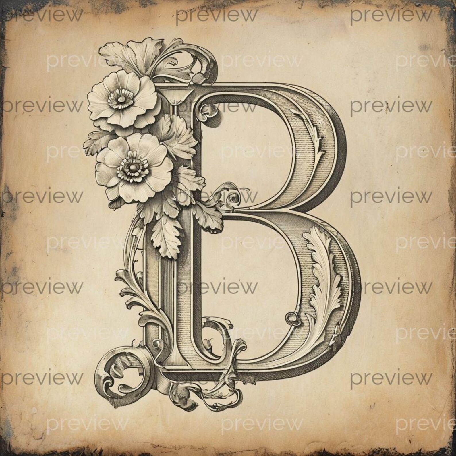 B Ornate Vintage Letter B With Floral Motifs - Elegant Digital Art for ...