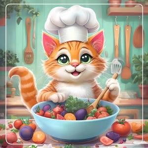 Fröhliche orange Katze Koch mit Kochlöffel in bunten Gemüseküche - Clipart für Sublimationsdesign